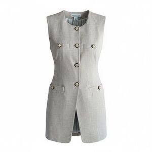 Rachel Zoe Women's Basket Weave Beige Fitted Gold Button‎ Long Vest Lined - 6